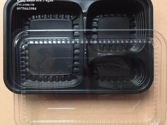 Khay nhựa đen 3 ngăn đựng cơm, shushi 